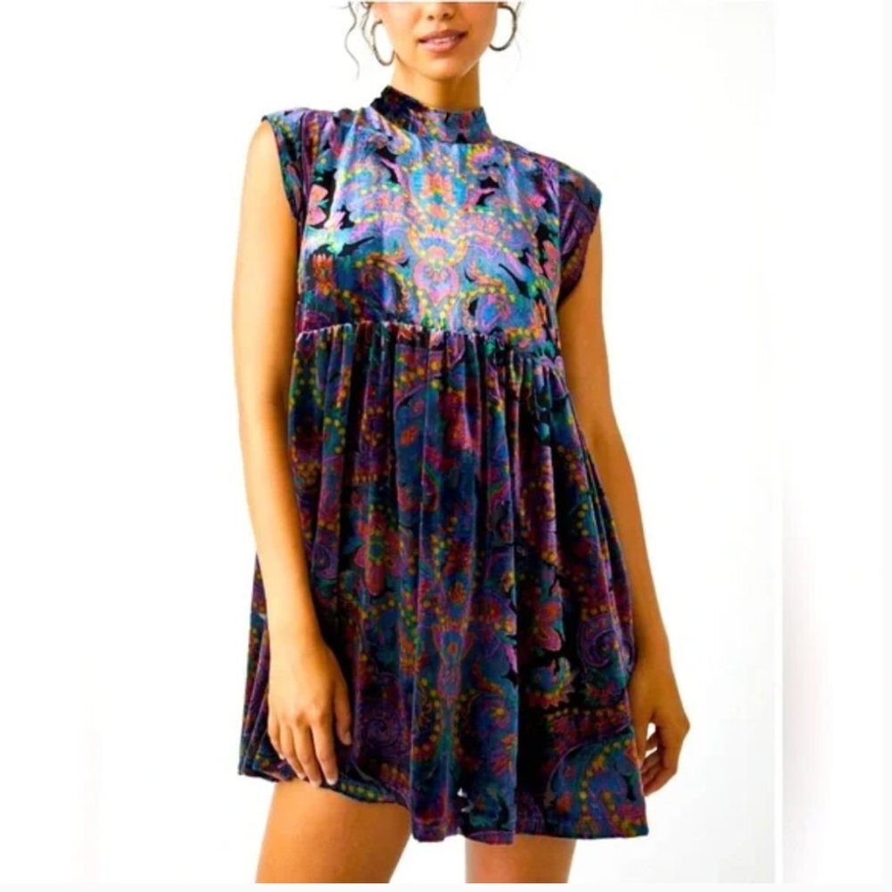 NWT Free People All The Time Mock Neck Velvet Mini Dress Dark Night Combo